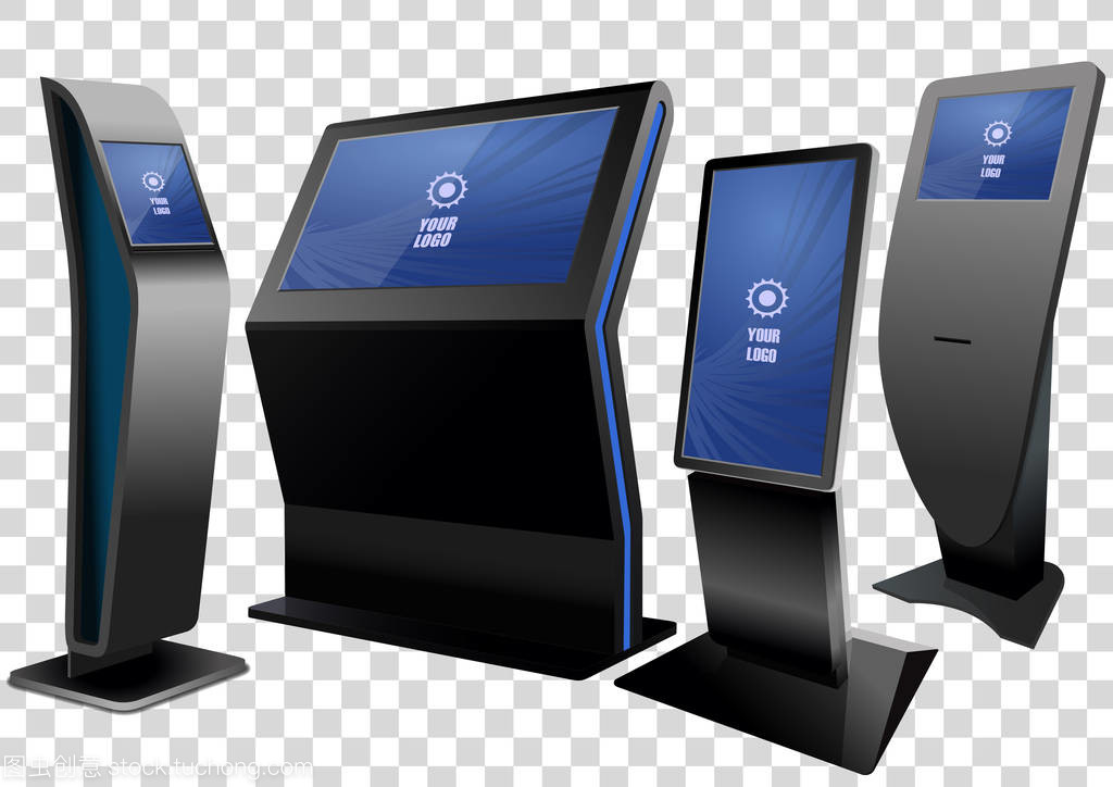 四宣傳互動信息亭, 廣告展示, 終端展臺, 觸摸屏顯示屏在透明背景下隔離。模擬模板